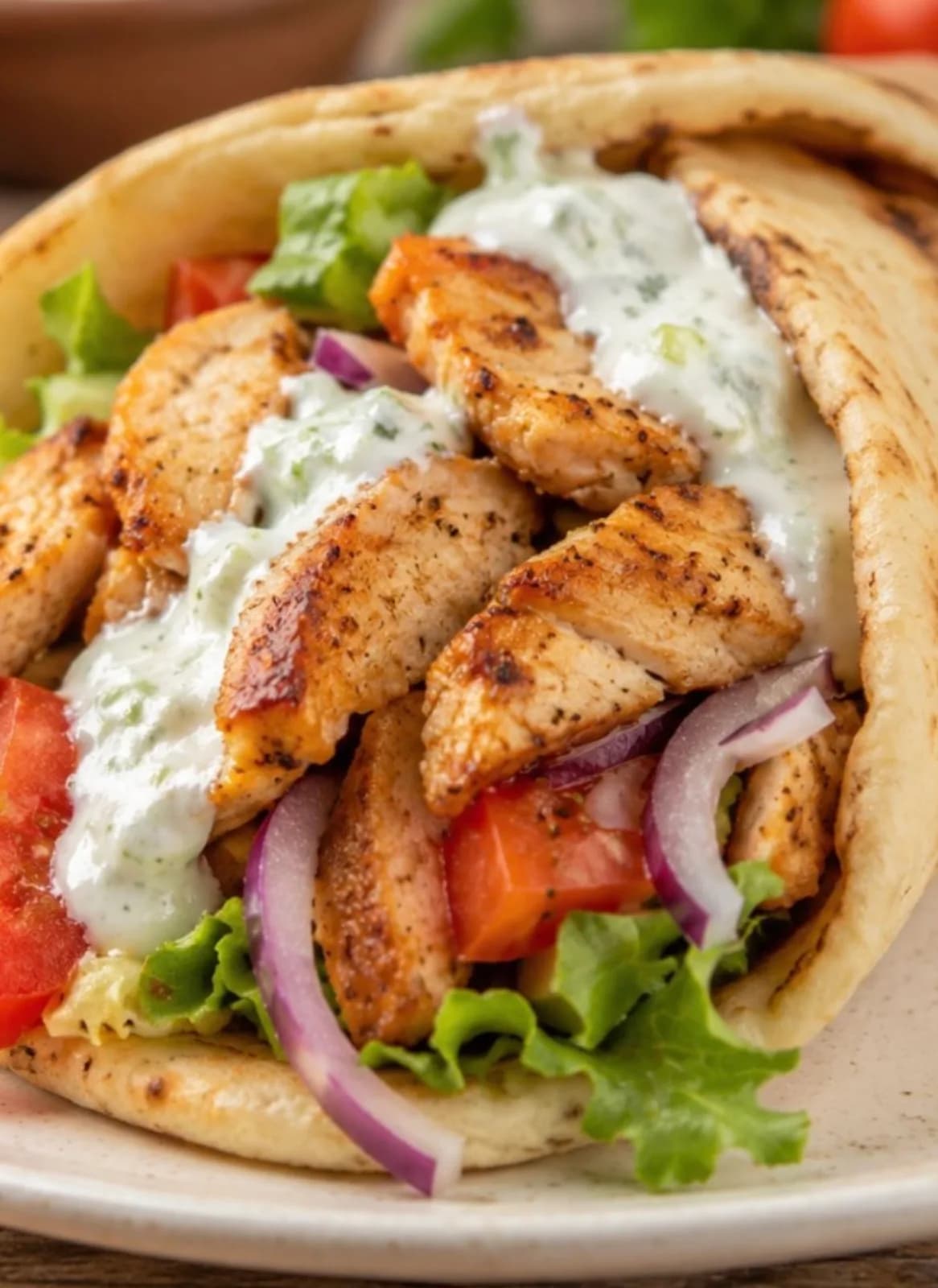 Greek salad with pork gyros pieces, grilled pita bread, tzatziki, and soup.